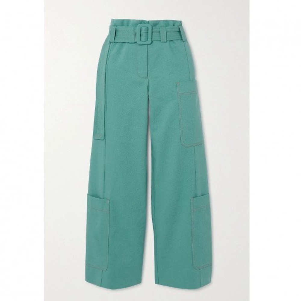 Stine Goya teal straight leg cargo pants with belt